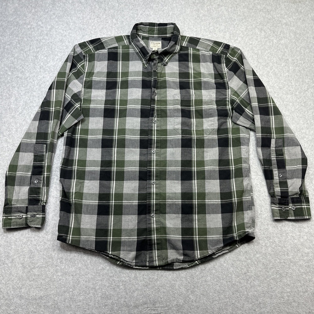 CC Filson Sutter Sport Shirt Medium Green Gray Plaid Outdoor Casual Button Down